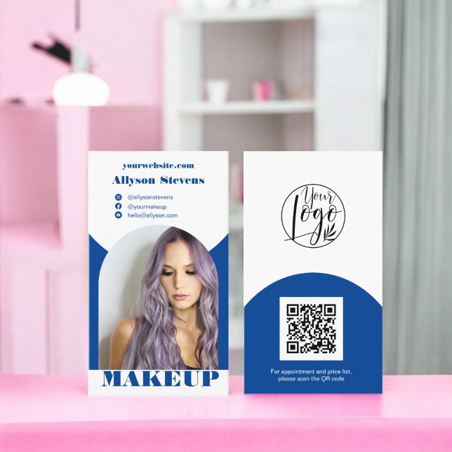 Carte De Visite Maquillage bleu arc boho photo qr code logo (Blue arch makeup boho photo qr code logo business card)