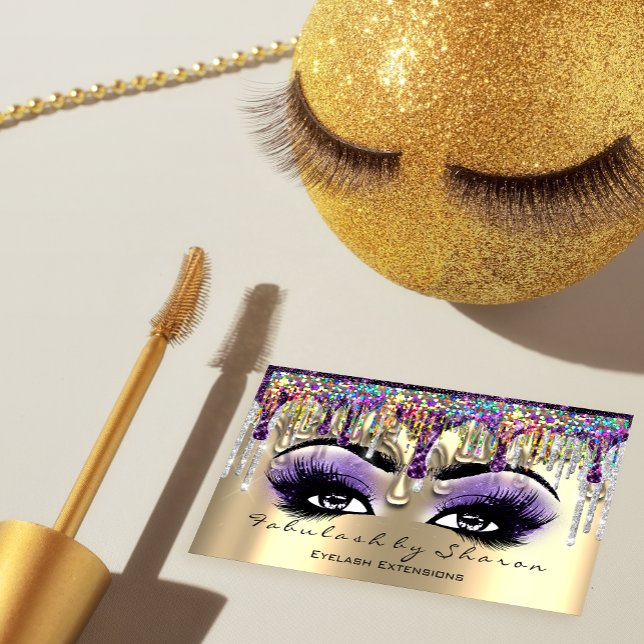 Carte De Visite Maquillage Brow Eyelash or violet Holographe (Makeup Artist Brow Eyelash Gold Violet Holograph Business Card)