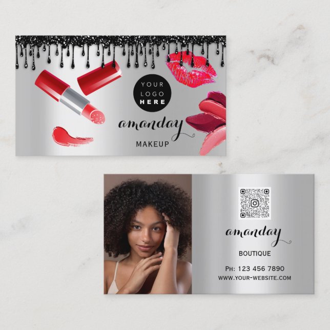 Carte De Visite Maquillage Cheveux Rouge Lipstick Silver Photo QRC (Devant / Derrière)