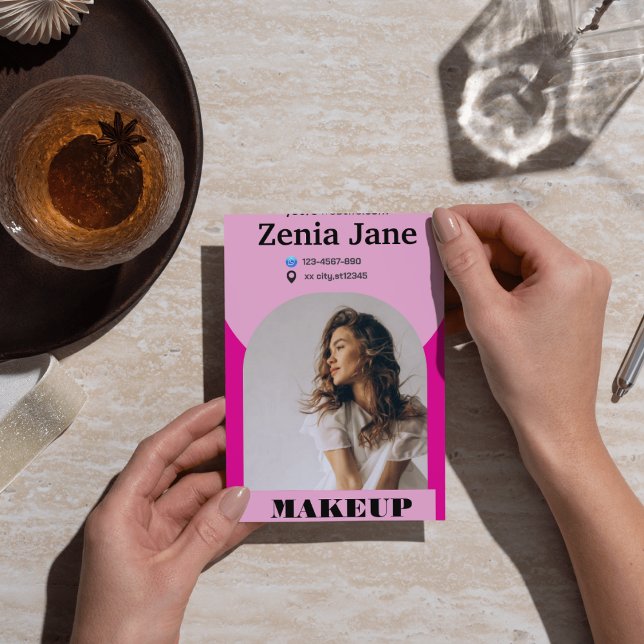 Carte De Visite Maquillage d'arc moderne rose photo qr code logo (Créateur téléchargé)