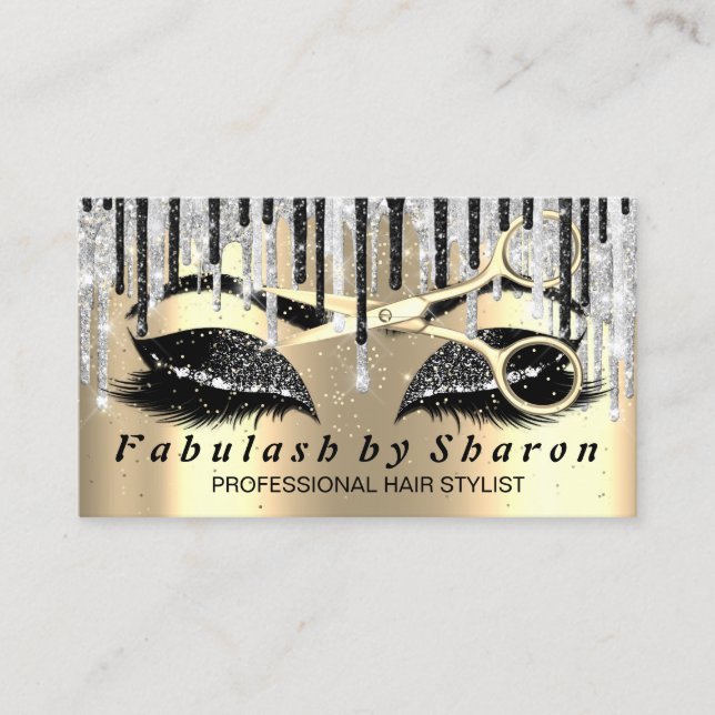 Carte De Visite Maquillage de coiffeur Eyelash ciseaux or Gris Dri (Devant)