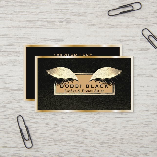 Carte De Visite Maquillage en cuir noir chic de prolongements de (Devant/Arrière en situation)