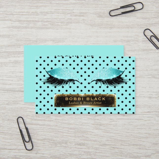 Carte De Visite Maquillage noir turquoise de pois de prolongements (Devant/Arrière en situation)