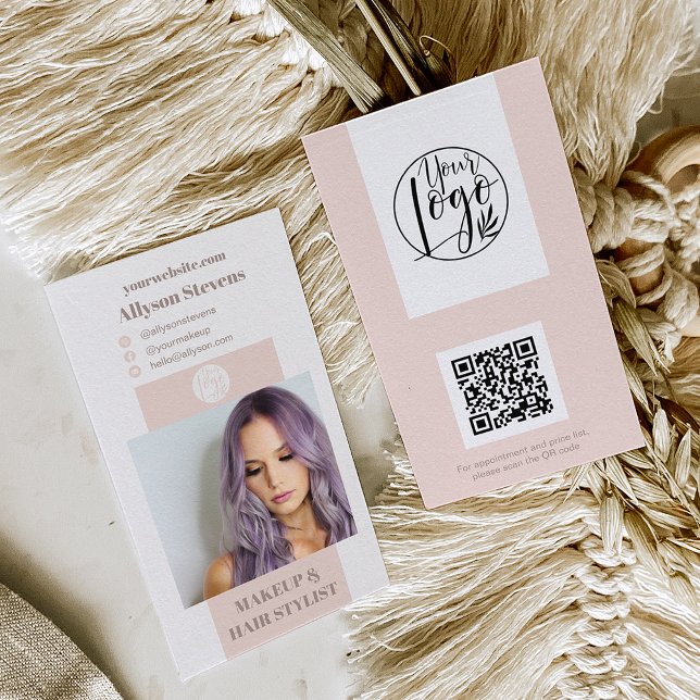 Carte De Visite Maquillage rose vif moderne photo qr code logo (Créateur téléchargé)