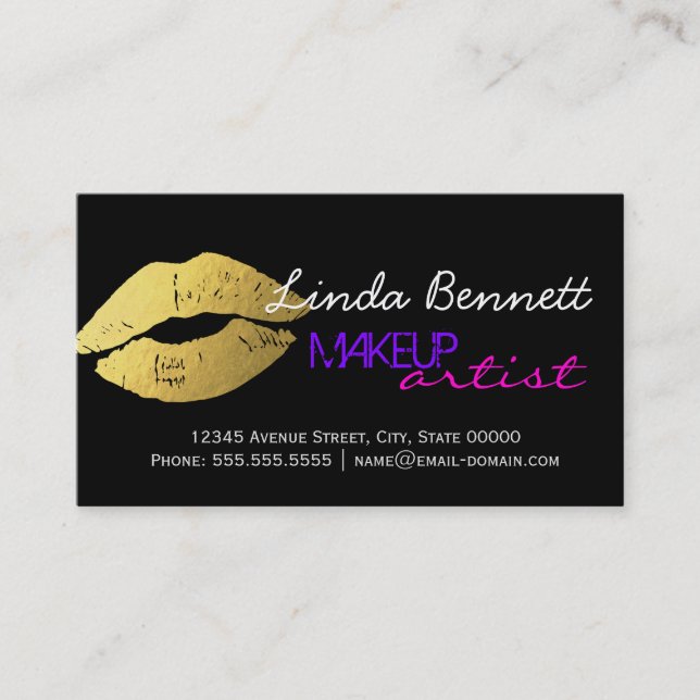 Carte De Visite Maquillage - Sassy Gold Lips Dark Thème Style (Devant)