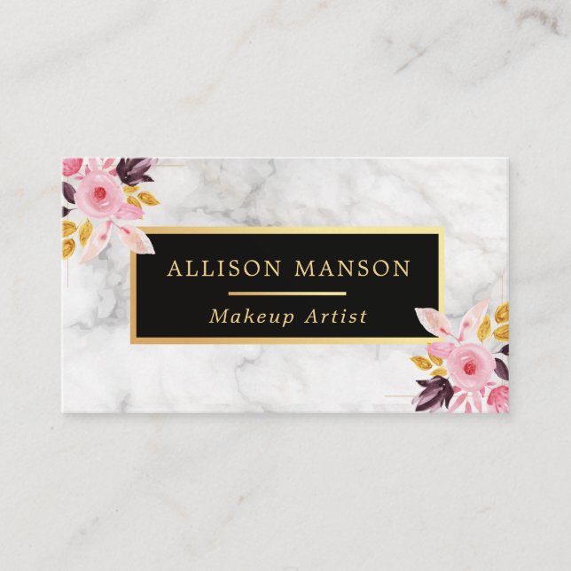 Carte De Visite Maquilleur blanc floral à la mode du marbre | (Devant)