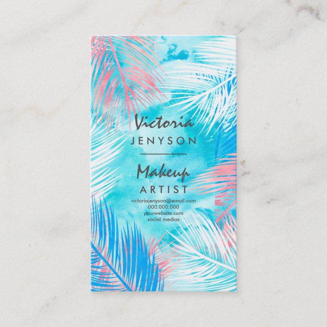 Carte De Visite Maquilleur tropical de palmier d'aquarelle moderne (Devant)