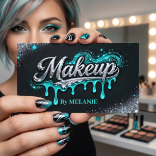 Carte De Visite Maquilleuse Teal Silver Drips Paillettes Tendance