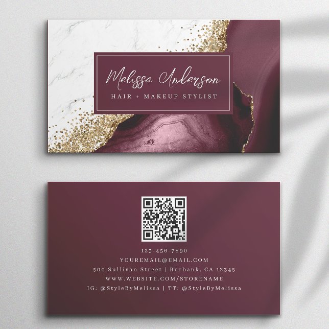 Carte De Visite Marbre Agate Bourgogne Gold Parties scintillant QR (Créateur téléchargé)