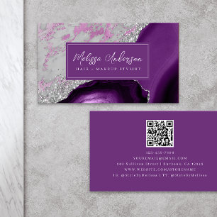 Carte De Visite Marbre Agate Purple Silver Parties scintillant QR