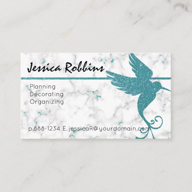 Carte De Visite Marbre blanc avec le colibri turquoise de parties (Devant)