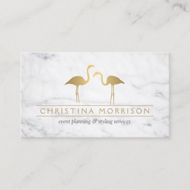 Carte De Visite Marbre blanc Elegant Gold Flamants roses Event Pla (Devant)