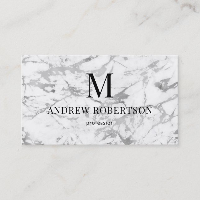 Carte De Visite Marbre blanc gris QR Code Monogramme (Devant)