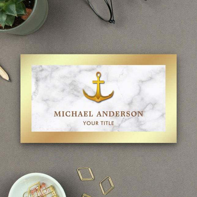 Carte De Visite Marbre blanc moderne Faux Gold Foil Ancre nautique (Créateur téléchargé)