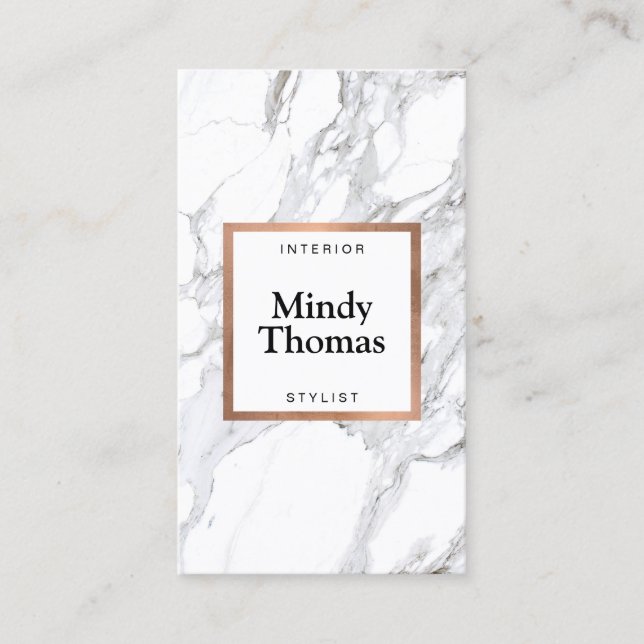 Carte De Visite Marbre blanc moderne Faux Rose Gold Frame (Devant)