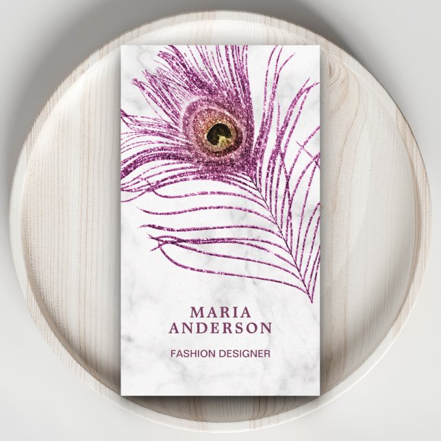 Carte De Visite Marbre blanc moderne Plumes de Peacock violet (Créateur téléchargé)
