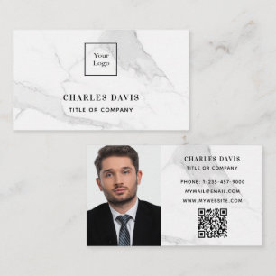 Carte De Visite Marbre blanc monogramme photo Qr code logo élégant