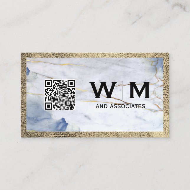 Carte De Visite Marbre bleu | Voyage en cuir | Monogramme | Code Q (Devant)