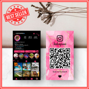 Carte De Visite Marbre d'agate rose et noir élégant QR Instagram