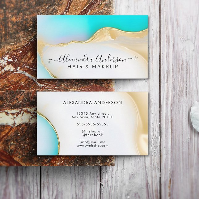 Carte De Visite Marbre de luxe Blue White Gold Agate Script (Luxury Blue White Gold Agate Marble Script Business Card)