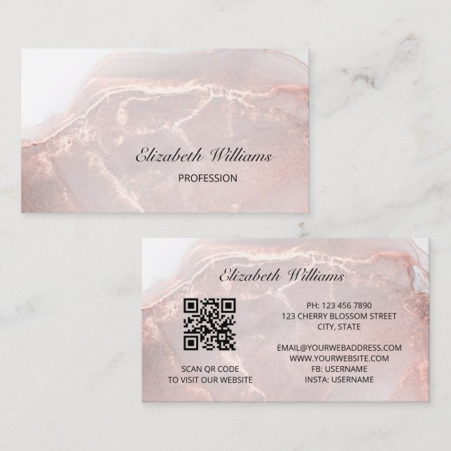 Carte De Visite Marbre d'encre or rose | Code QR (Devant / Derrière)