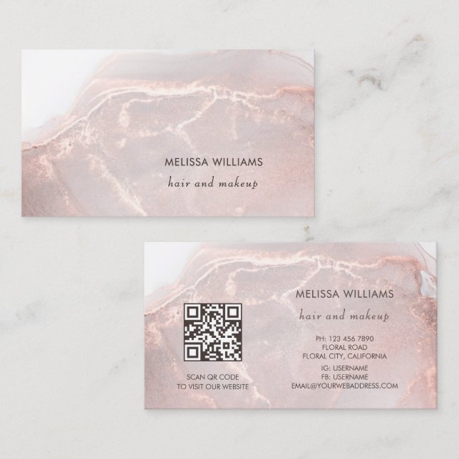 Carte De Visite Marbre d'encre or rose | Code QR (Devant / Derrière)