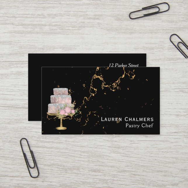 Carte De Visite Marbre noir et or Fancy Chef pâtisserie (Devant/Arrière en situation)