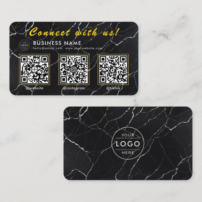 Carte De Visite Marbre Noir Luxueux 3 Code QR Multi Social (Devant / Derrière)