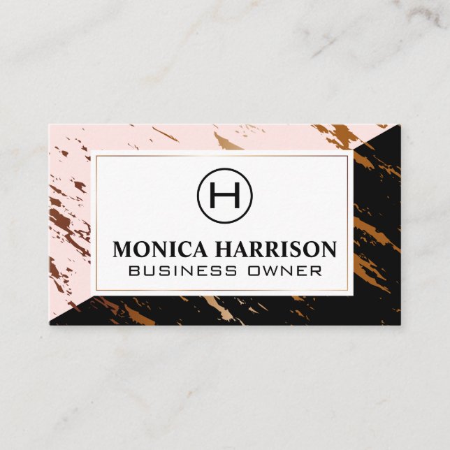Carte De Visite Marbre noir rose | Speckled Gold | Monogramme (Devant)