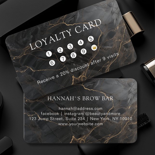 Carte De Visite Marbre, Or Noir, Salon, Fidélité (Custom, Marble, Black-Gold, Salon, Loyalty Business Card)