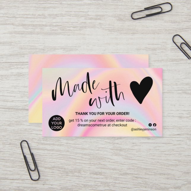 Carte De Visite Marbre rose merci fait avec amour (Devant/Arrière en situation)