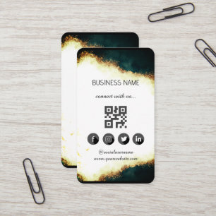 Carte De Visite Marbre vert-or - Code QR des médias sociaux
