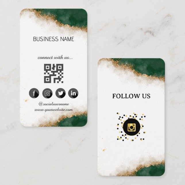 Carte De Visite Marbre vert-or - Code QR des médias sociaux (Devant / Derrière)
