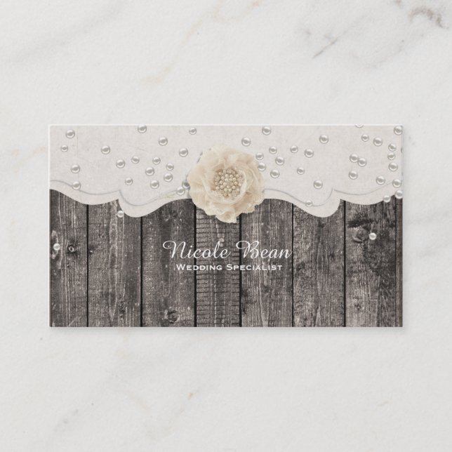 Carte De Visite Mariage Bois Rustique Fleur Blanche Romantique & P (Devant)