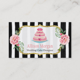 Carte De Visite Mariage Cake Design or rose floral rayé