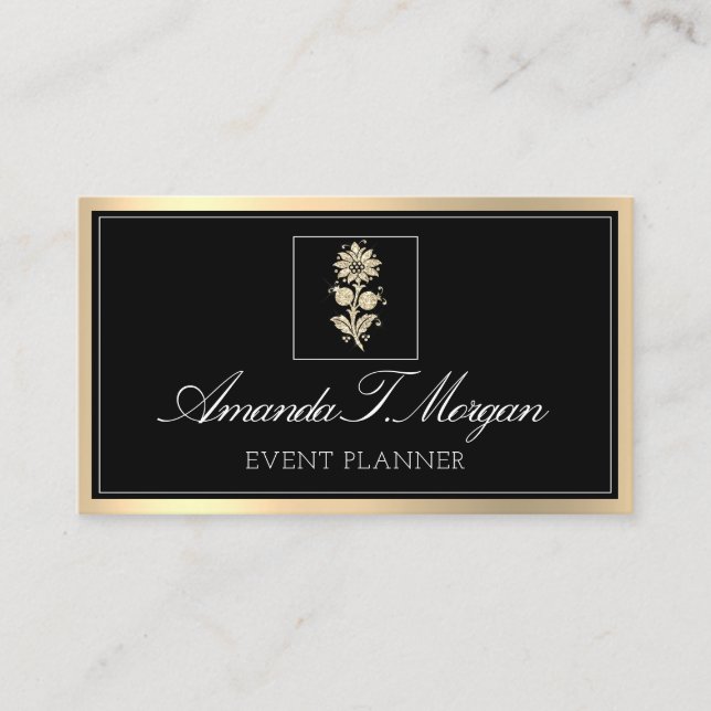 Carte De Visite Mariage d'événement Gold Flower Frame Black (Devant)