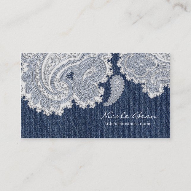 Carte De Visite Mariage élégant en jean et dentelle blanche (Devant)