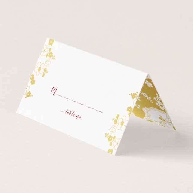 Carte De Visite Mariage Oriental Gold & White Cherry Blossom (Devant)