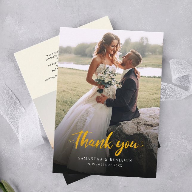 Carte De Visite Mariage photo de script moderne Merci (Modern Elegant Wedding Photo Thank You Card)