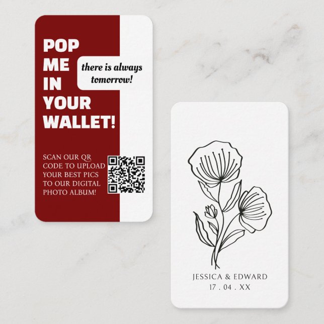 Carte De Visite Mariage Rouge Blanc Scan Qr Code Photo Album moder (Devant / Derrière)