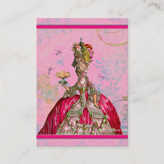 Carte De Visite Marie Antoinette en rose avec le paon (Devant)
