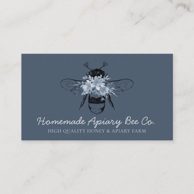 Carte De Visite Marine Bleu Classique Coeur Floral Apiary Miel Bee (Devant)