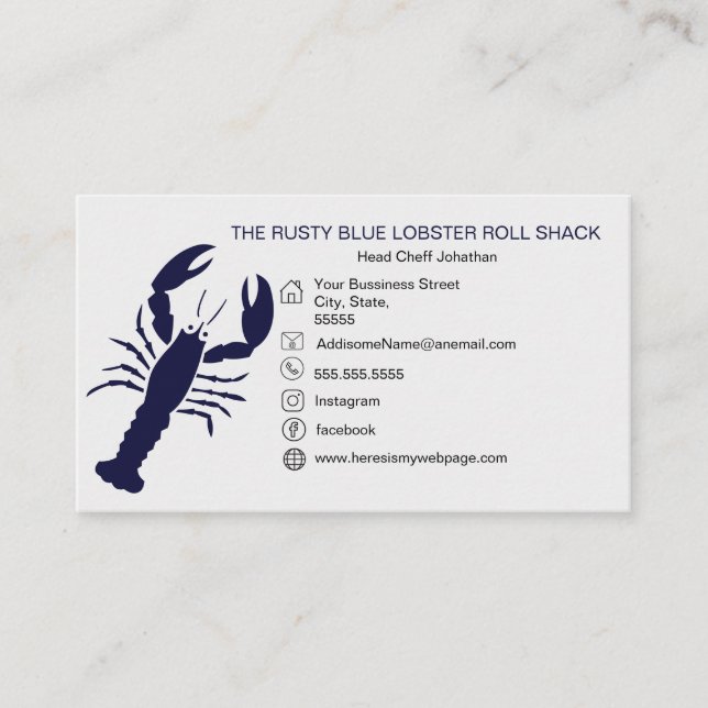Carte De Visite MARINE Bleu Homard Fruits de mer Noir Simple Nauti (Devant)