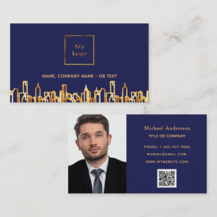 Carte De Visite Marine bleu or skyline immobilier QR code photo
