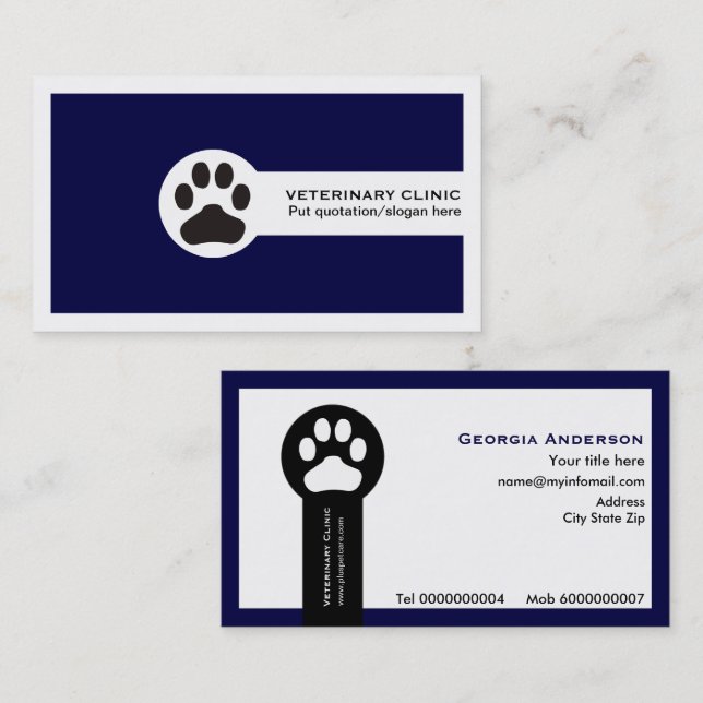 Carte De Visite Marine bleu Vet/Vétérinaire Clinique minimaliste (Devant / Derrière)