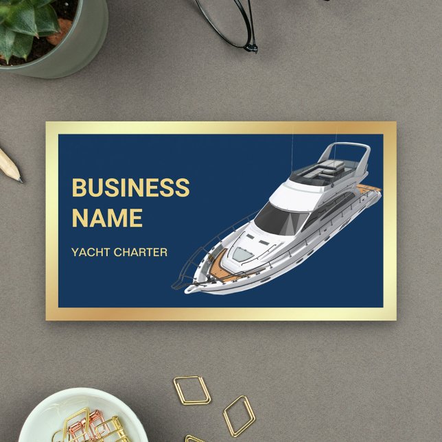 Carte De Visite Marine Blue Gold Luxury Yacht Charter (Créateur téléchargé)