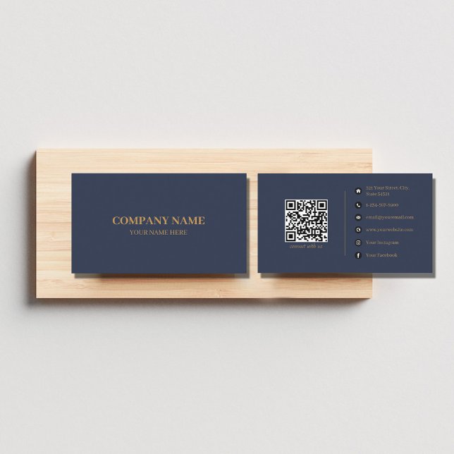 Carte De Visite Marine Blue Gold Minimaliste médias sociaux QR Cod (Créateur téléchargé)
