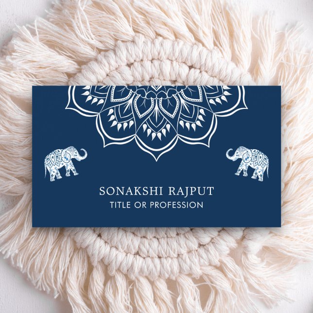 Carte De Visite Marine Blue Mandala Elephants Indien (Créateur téléchargé)