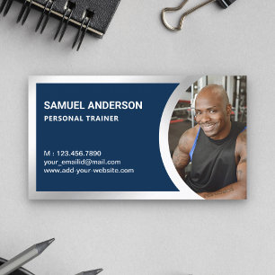 Carte De Visite Marine Blue Silver Fitness Personal Trainer Photo