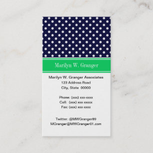 Carte De Visite Marine Blue Wt Polka Dot Emerald Nom vert Monogram